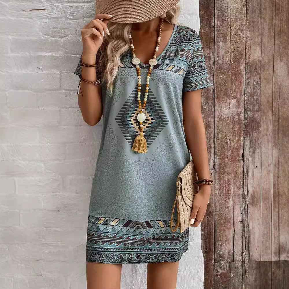 Damen lässiges Tunika-Kleid mit ethnischem Muster EB