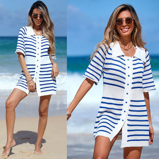 Damen modischer Strandkleid mit gestreiftem Design und kragen EB