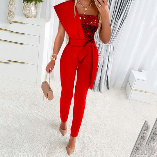 Damen One-Shoulder Jumpsuit mit glitzerndem Oberteil und Taillengürtel EB