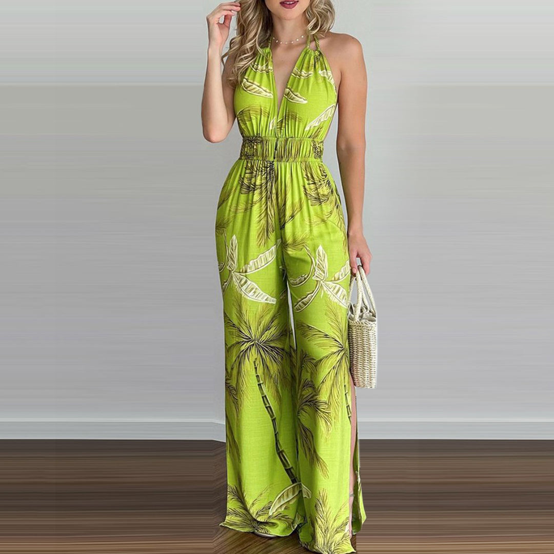Damen eleganter Jumpsuit mit Spaghettiträgern und hohen Seitenschlitzen EB