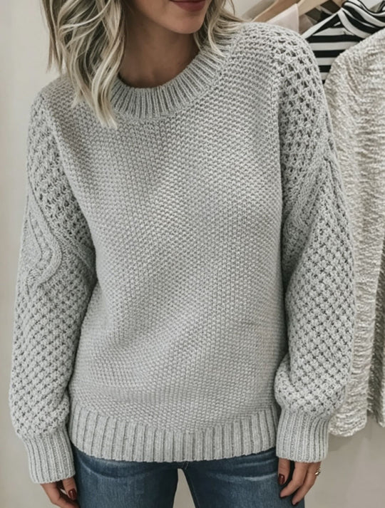 Damen Grobgestrickter Rundhals-Pullover mit Ajour- und Zopfmusterärmeln EB