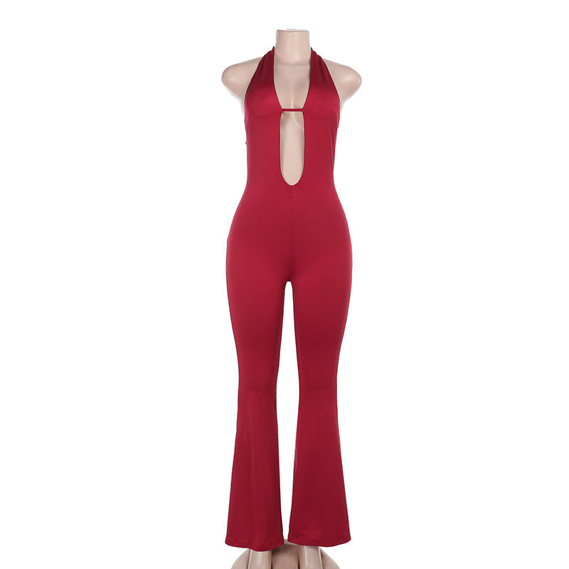 Damen figurbetonter Overall mit tiefem V-Ausschnitt und weitem Bein EB