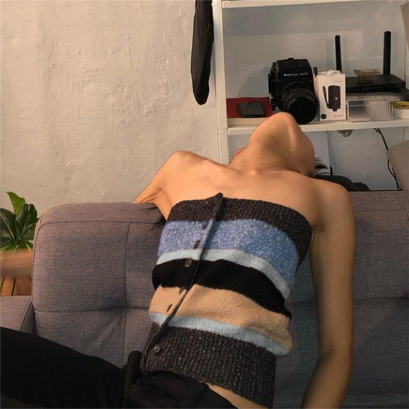 Damen Bandeau-Top mit bunten Streifen und dekorativen Knöpfen EB
