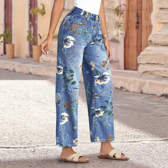 Damen Weit geschnittene Jeans mit floralem Druck und hohem Bund EB