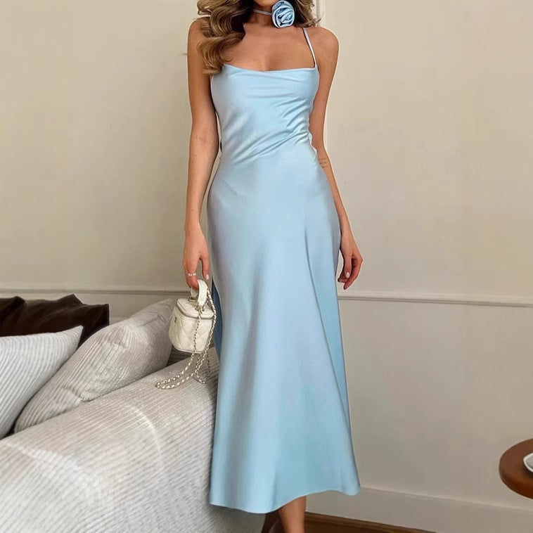 Damen Elegantes Bodenkotan Maxi-Kleid mit schmalen Spaghetti-Trägern und tiefem Ausschnitt EB