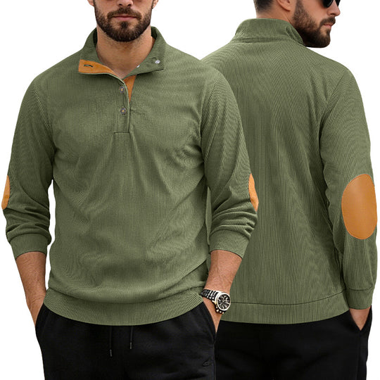 Herren nan lässiger Strukturpullover mit Polokragen, kurzer Knopfleiste und veganen Lederbesätzen EB