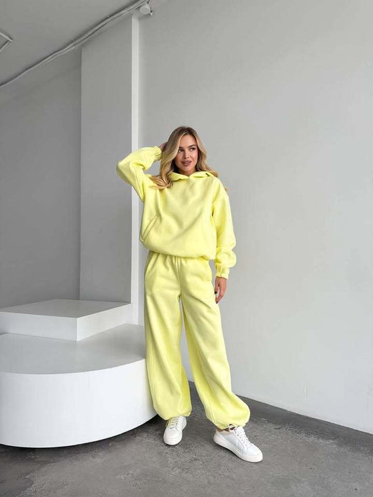 Damen Oversize Loungewear-Set aus schwerem Sweat mit Kapuzenpullover und weitem hochgeschnittenem Jogger EB