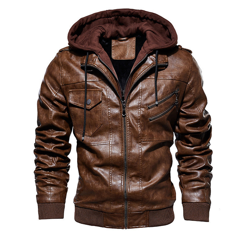 Herren lässige Kunstlederjacke mit abnehmbarer Kapuze und zahlreichen Taschen EB