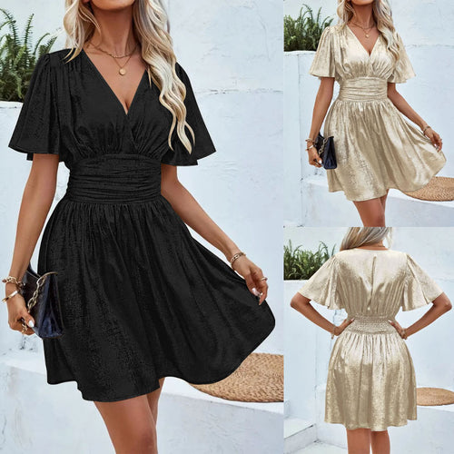 Damen Wickelkleid mit tiefem V-Ausschnitt und voluminösen Ärmeln EB