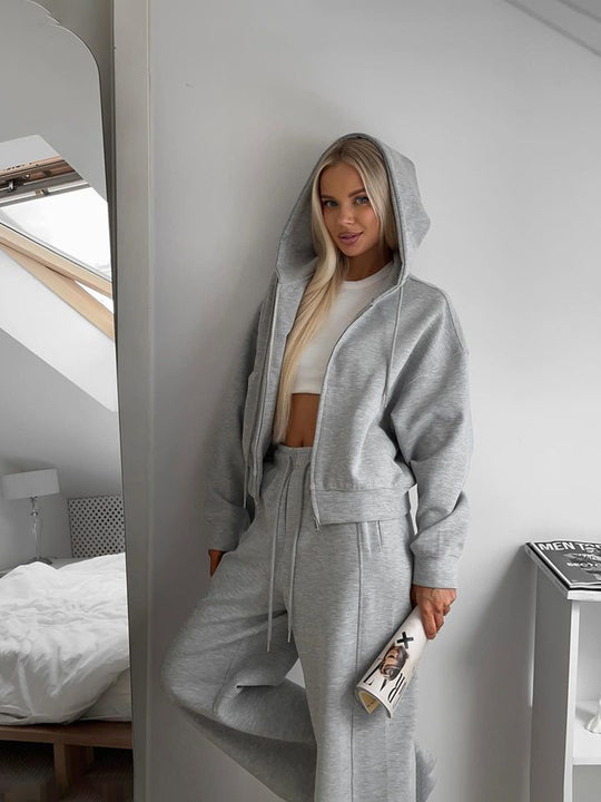 Damen nan cropped Kapuzenjacke mit durchgehendem Reißverschluss und taillenhoher Jogginghose Set EB
