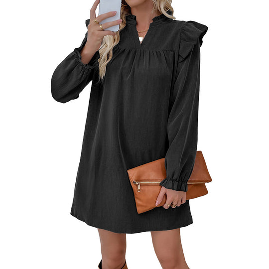 Damen Rüschen-A-Linien Kleid mit geraffter Brust und V-Ausschnitt EB