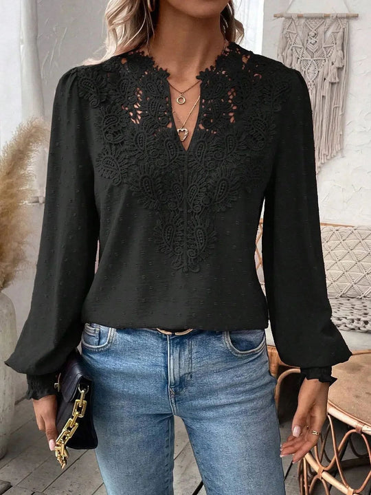 Damen nan Spitzenapplikation V-Ausschnitt Bluse mit Strukturpunkt, gerafften Manschetten und leicht taillierter Silhouette EB