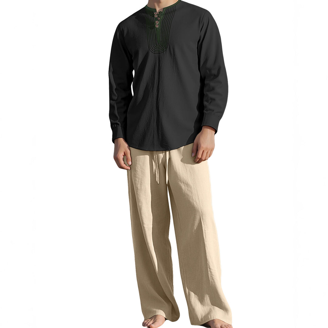 Herren nan Tunika- und Palazzohose-Set mit Henley-Blende, Zierstickerei und weitem Schnitt EB
