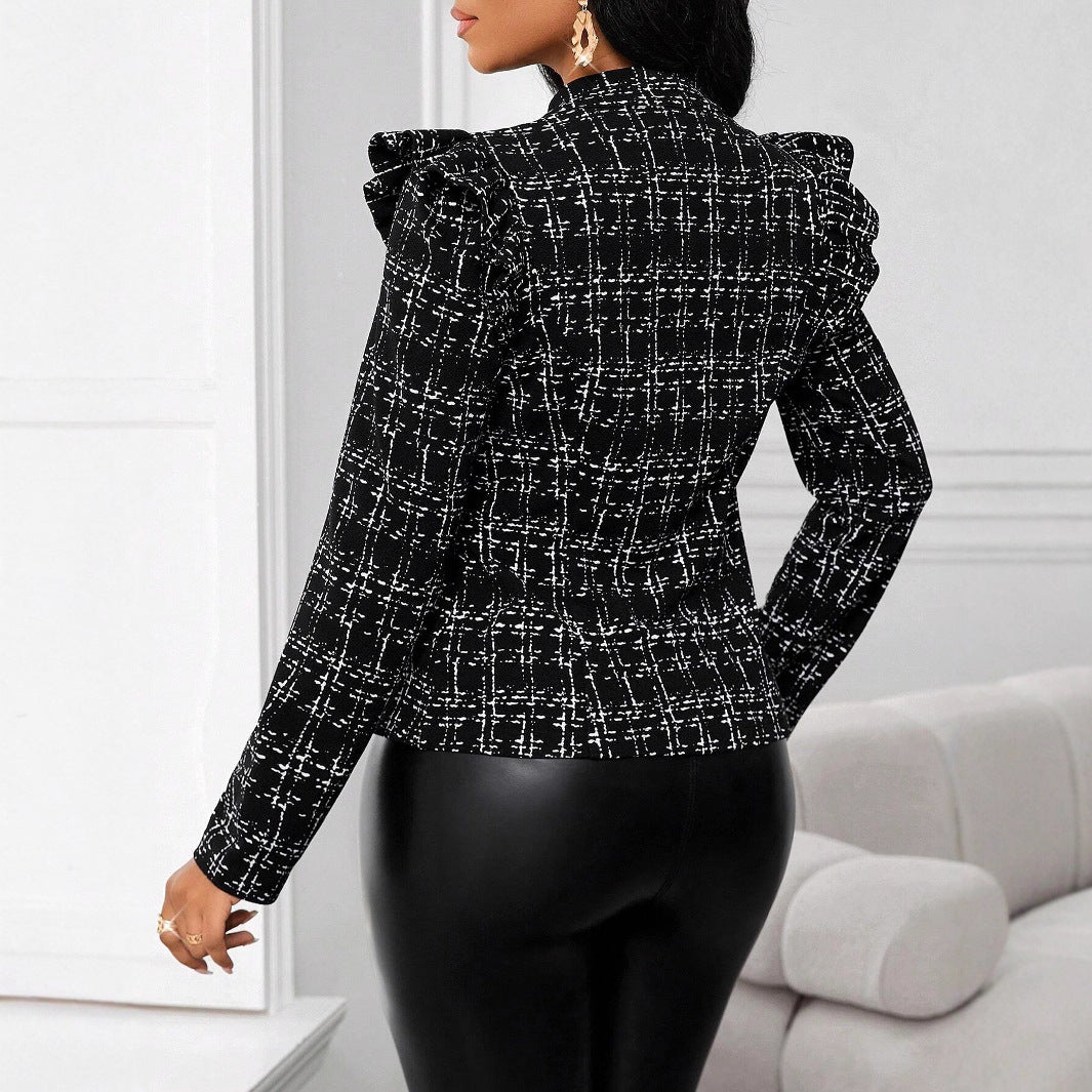 Damen Modische Plissee-Jacke mit Reißverschluss und Rüschen EB