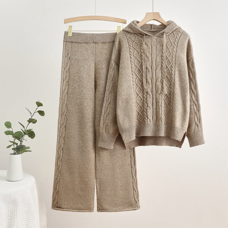 Damen lässiges Strick-Loungewear-Set mit Kapuze und breiten Beinen EB
