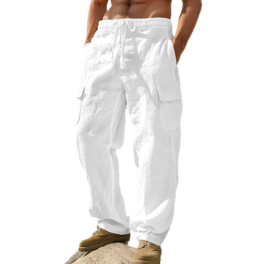 Herren nan weite Casual-Cargohose aus Leinen-Baumwollmix mit Elastikbund, Tunnelzug und großen Pattentaschen EB