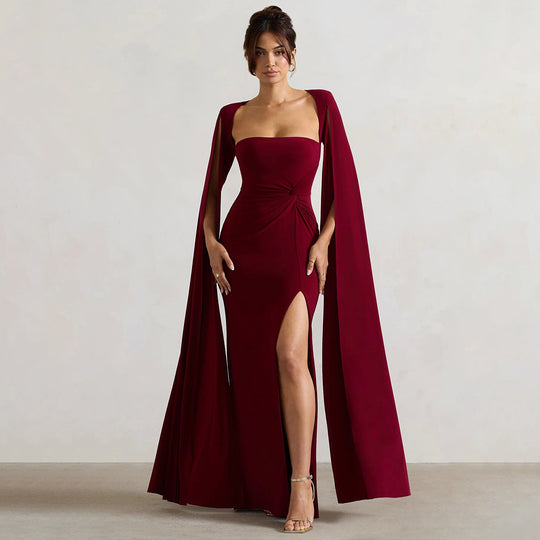 Damen Elegantes Maxikleid mit abnehmbarem Cape und seitlichem Schlitz EB