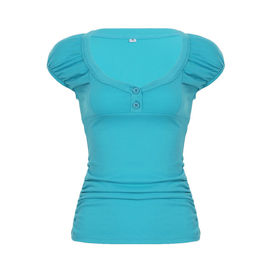 Damen figurbetontes Kurzarmshirt mit Puffärmeln und geschlossenen Knöpfen EB