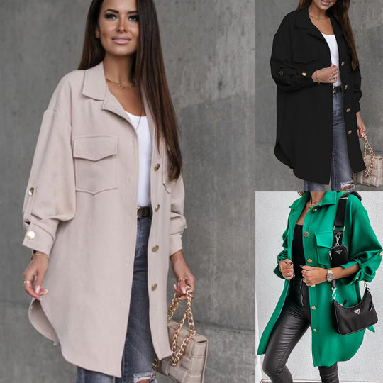 Damen Stylish Overshirt mit praktischen Taschen und druckknopfbarer Front EB