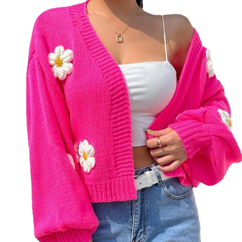 Damen Cropped-Cardigan aus Baumwollmix mit 3D-Blütenapplikationen EB
