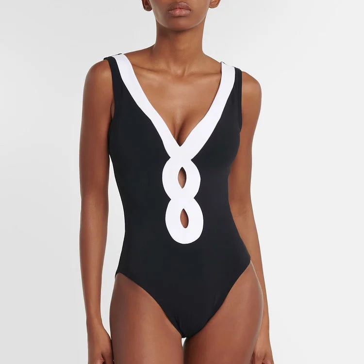 Damen eleganter V-Ausschnitt Schwimmanzug mit stilvollem Wickelrock EB