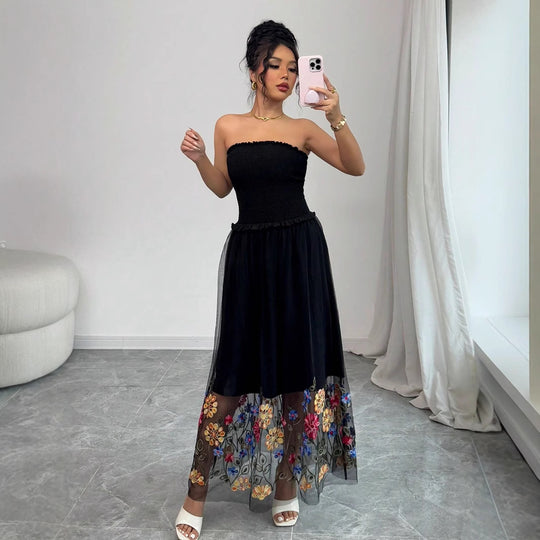 Damen Off-Shoulder Maxikleid mit floralem Stickereinsatz und transparenter Schätzung EB