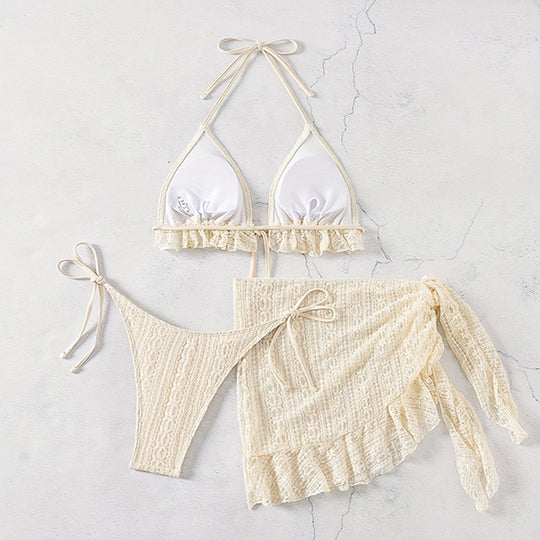 Damen Triangel-Bikini mit Rüschendetail und passendem Wickelrock EB