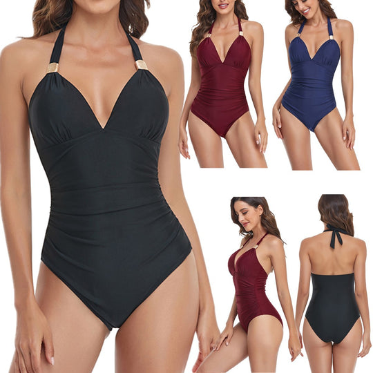 Damen Eleganter Einteiler Badeanzug mit tiefem V-Ausschnitt und modischen Trägern EB