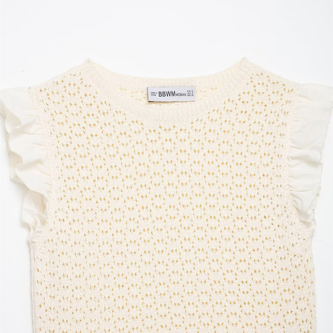 Damen Rüschenshirt mit feiner Lochstickerei und gerafftem Saum EB