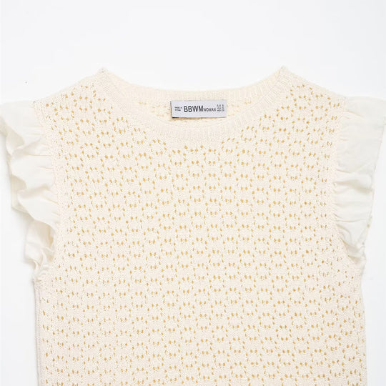 Damen Rüschenshirt mit feiner Lochstickerei und gerafftem Saum EB