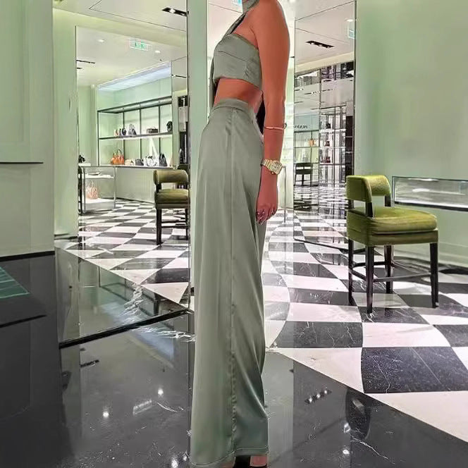 Damen Elegantes Zweiteiliges Set mit asymmetrischem Oberteil und weit geschnittener Hose EB