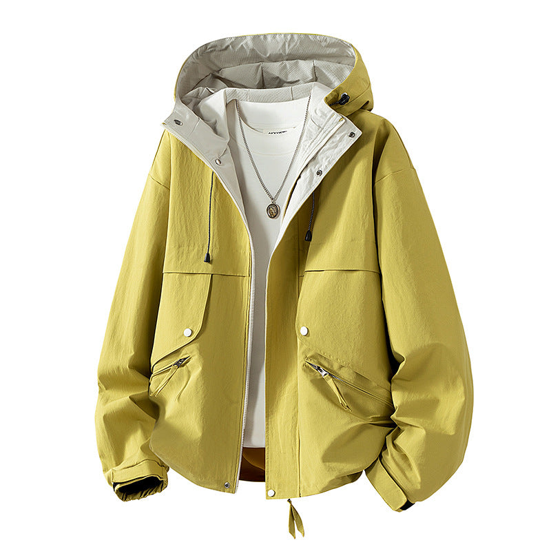 Unisex leichte windabweisende Übergangsjacke mit verstellbarer Kapuze, Kordelzug und Reißverschlusstaschen EB