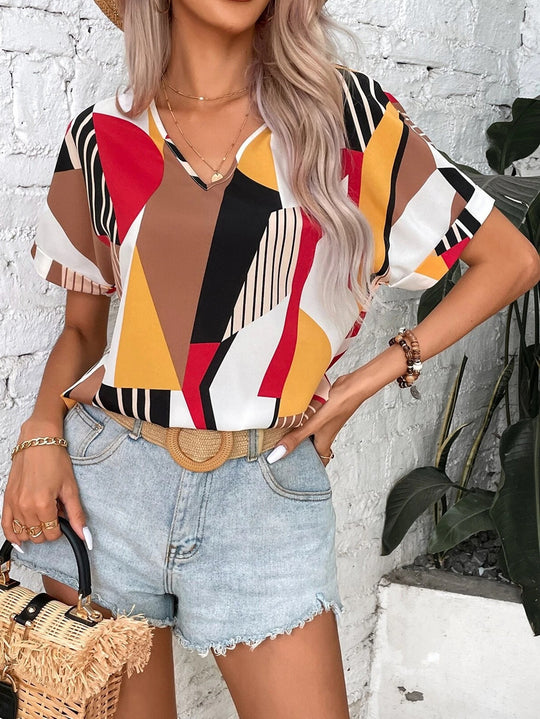 Damen V-Ausschnitt T-Shirt mit geometrischem Muster EB