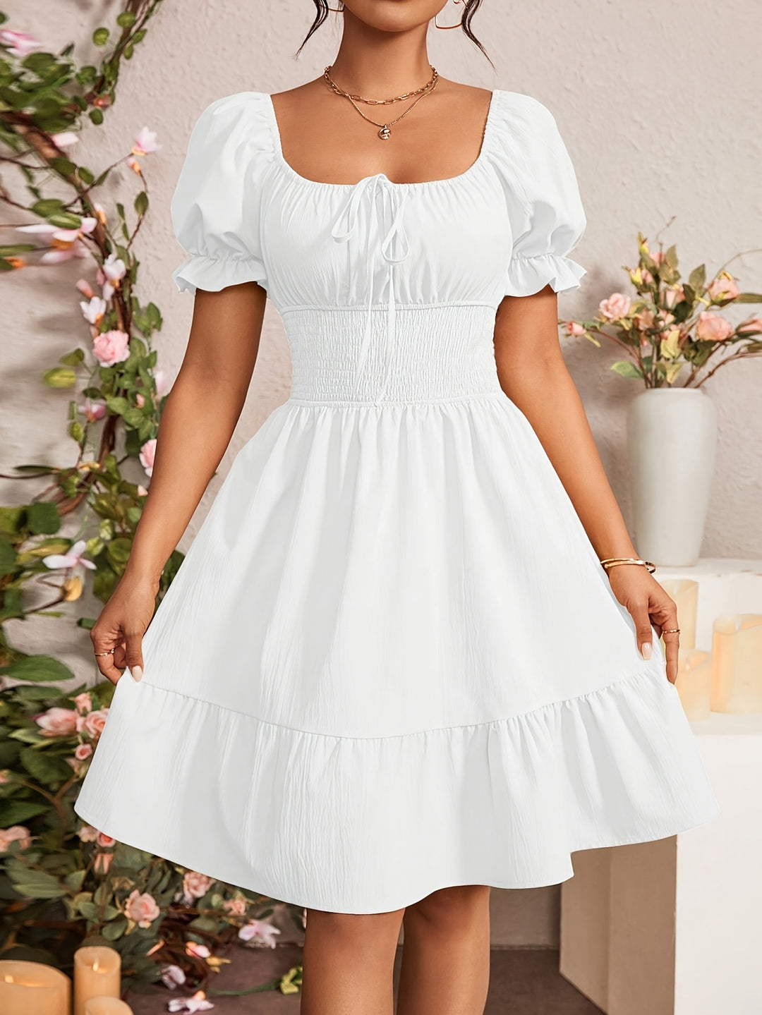 Damen Puffärmel Kleid mit elastischem Tailleneinsatz und Rüschensaum EB