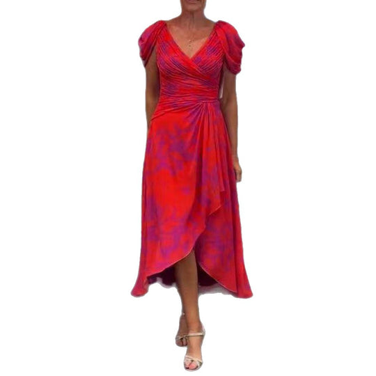 Damen nan festliches Chiffon-Midikleid mit gekreuztem V-Ausschnitt, taillenraffung und asymmetrischem Tulpenrock EB