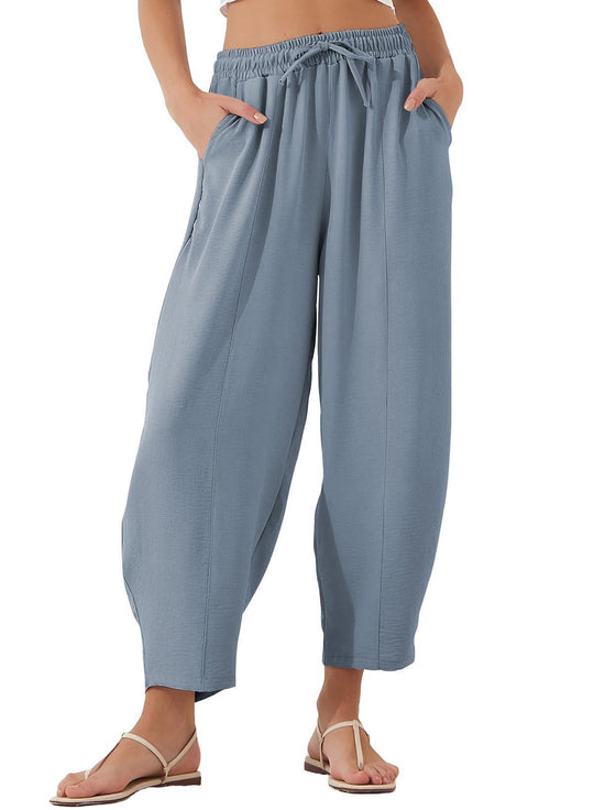 Damen Bequeme, weit geschnittene Sommerhose mit elastischem Bund und seitlichen Taschen EB