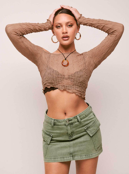 Damen Cropped Langarmshirt mit Knopfdetail und floralem Strickmuster EB