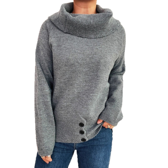 Damen Pullover mit weichem Kragen und dekorativen Knöpfen EB