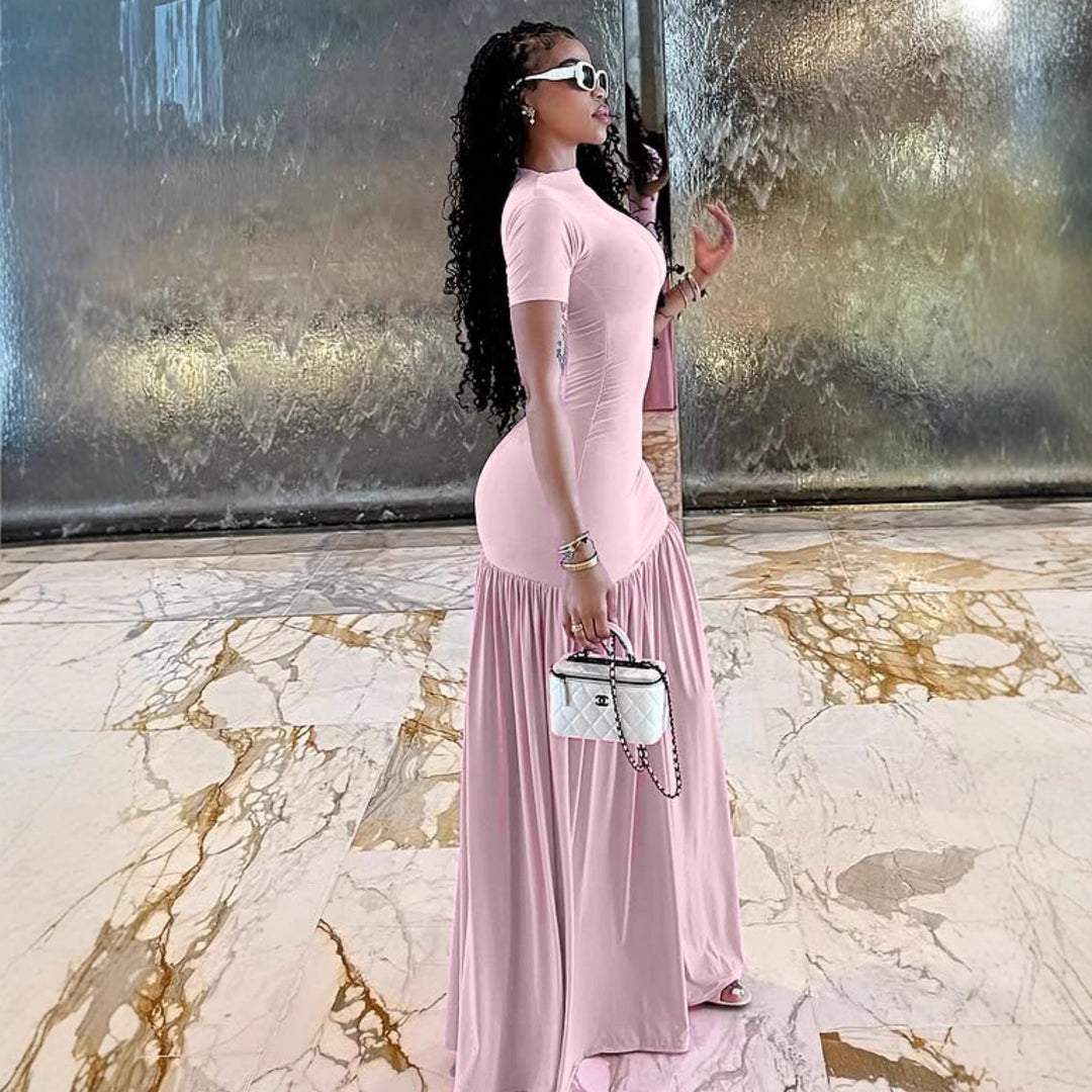 Damen Maxi-Kleid mit elegantem halblangen Ärmel und voluminösem Rock EB