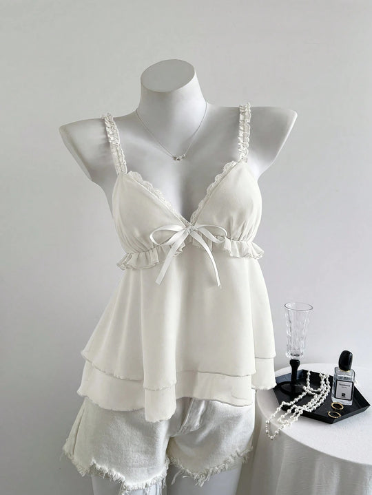 Damen lässiges Top mit Rüschendetails und Schleifenakzent EB