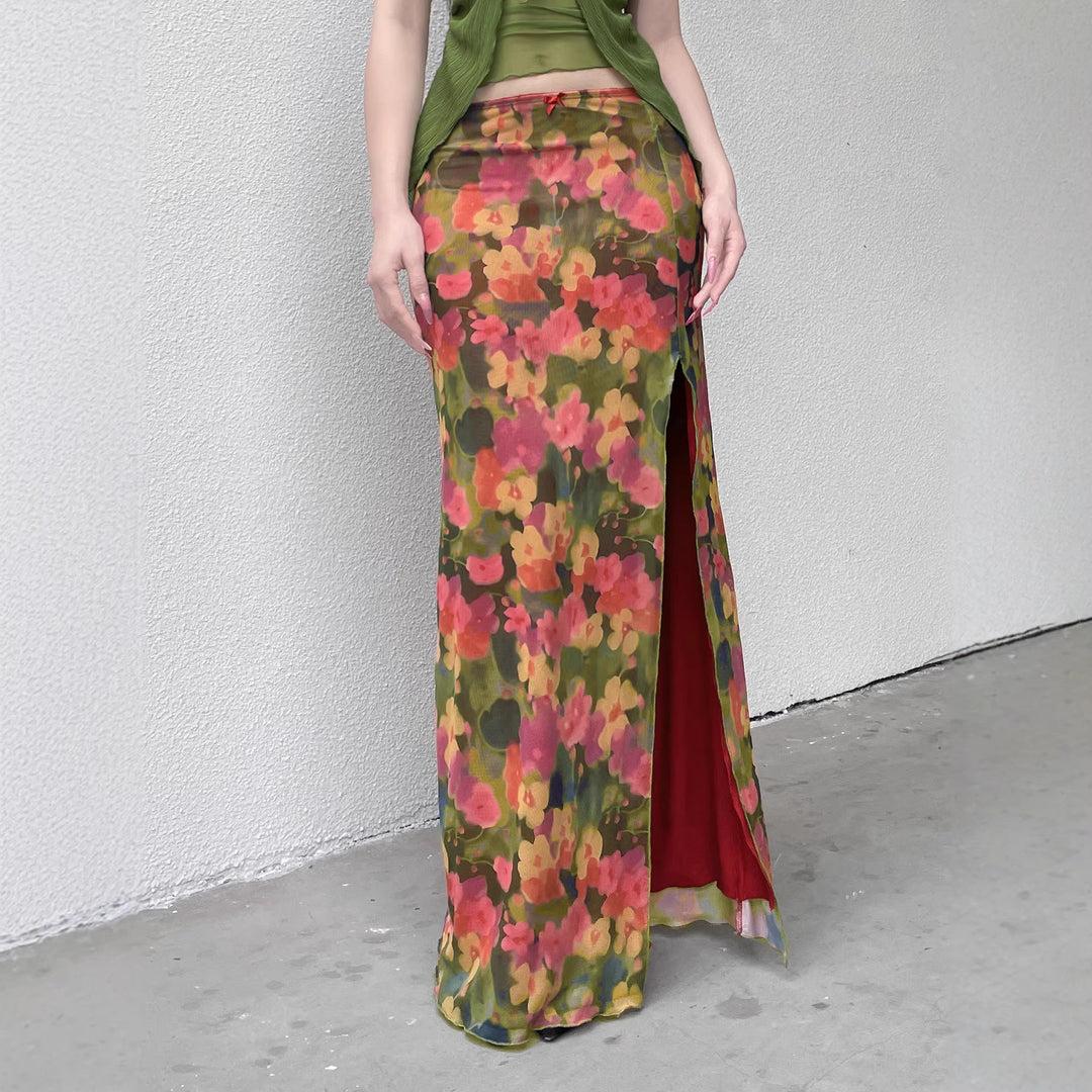 Damen Maxi-Rock mit floralem Chiffon-Design und seitlichem Schlitz EB