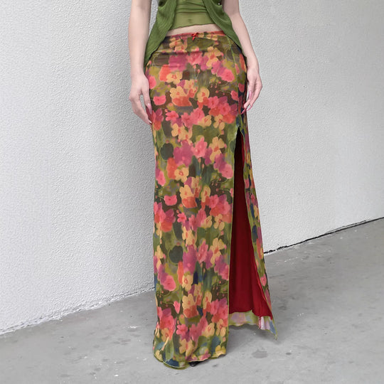 Damen Maxi-Rock mit floralem Chiffon-Design und seitlichem Schlitz EB