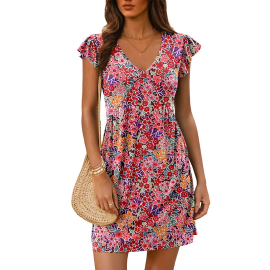 Damen luftiges sommerliches Kleid mit floralem Muster und V-Ausschnitt EB
