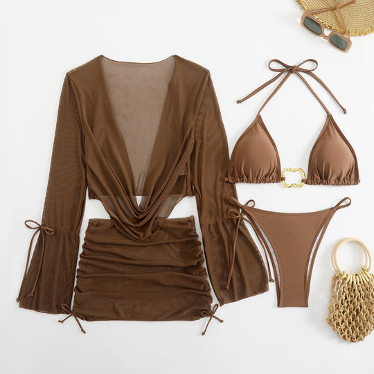Damen Bikini-Set mit lässiger Strickjacke und verstellbaren Trägern EB