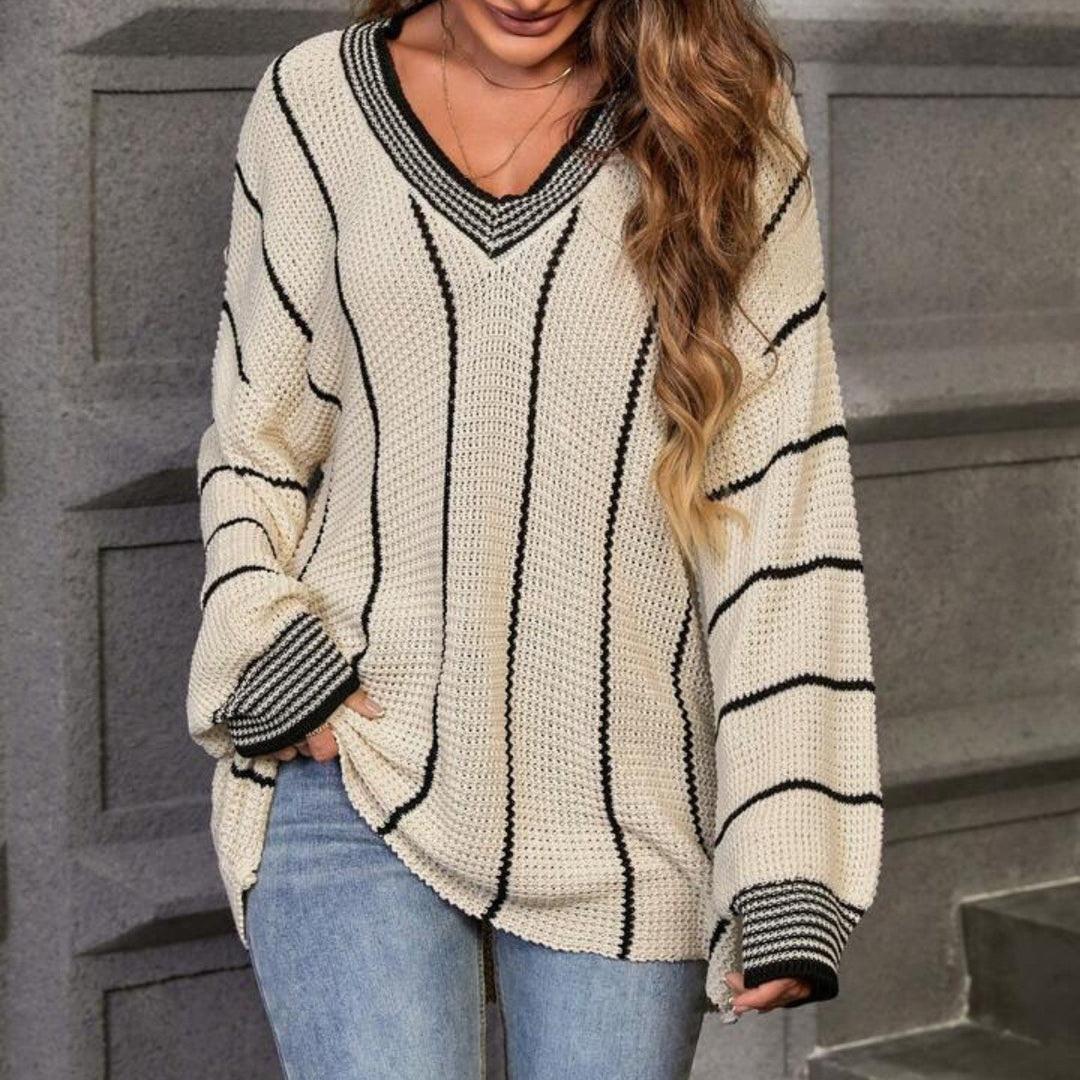Damen grober Strickpullover mit eleganter V-Ausschnittgestaltung und modischem Streifenmuster EB