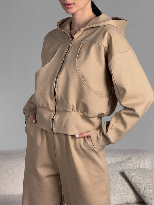Damen Kurz geschnittene Zip-Kapuzenjacke mit tailliertem Bündchen und dekorativen Einsatznähten EB