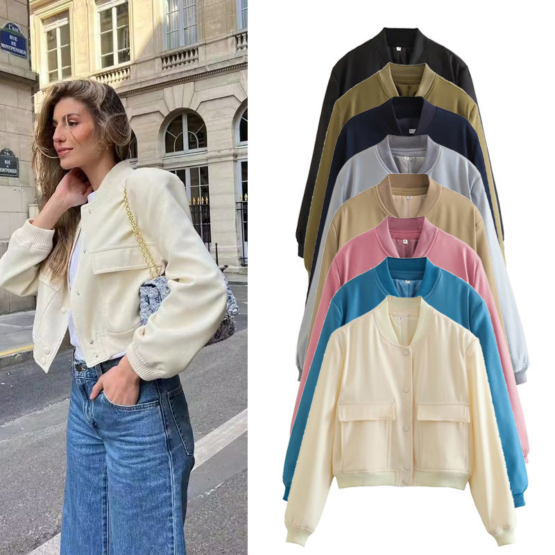 Damen modische cropped Bomberjacke mit großen Pattentaschen EB