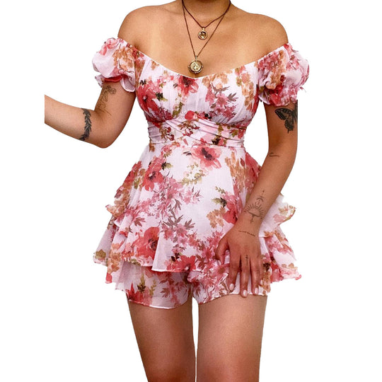 Damen Kurzarm Overall mit romantischem Blumenmuster und fließendem Schnitt EB