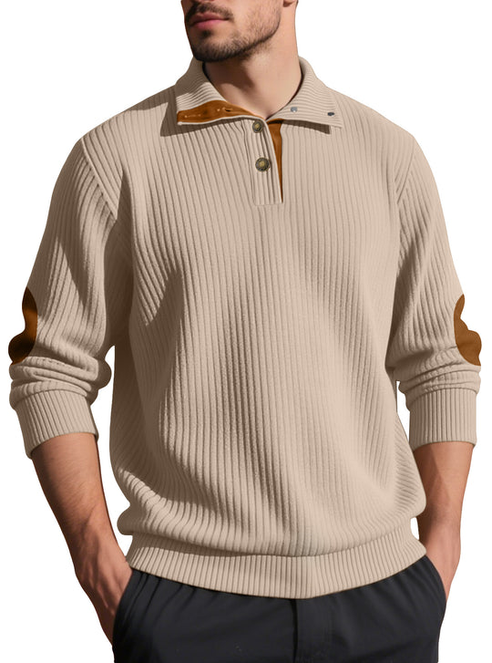 Herren nan Rippstrick-Halbknopf-Pullover mit Kentkragen und Lederbesatz EB