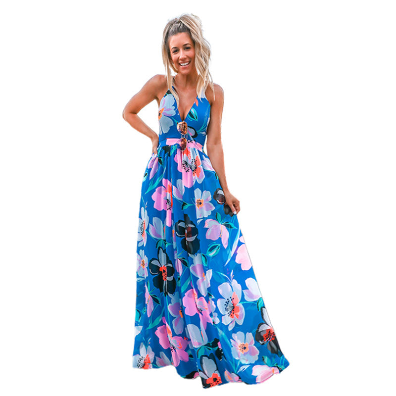 Damen Maxi-Kleid mit tiefem V-Ausschnitt und floralen Details EB